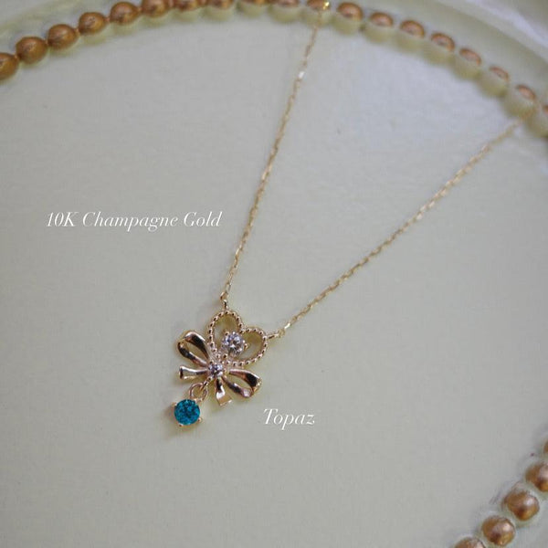 PETITE RIBBON・10K/18K SOLID GOLD RIBBON BIRTHSTONE & DIAMOND NECKLACE