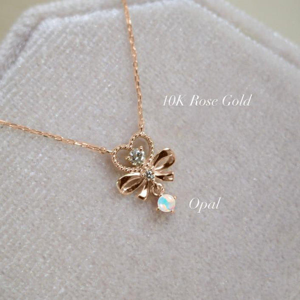 PETITE RIBBON・10K/18K SOLID GOLD RIBBON BIRTHSTONE & DIAMOND NECKLACE