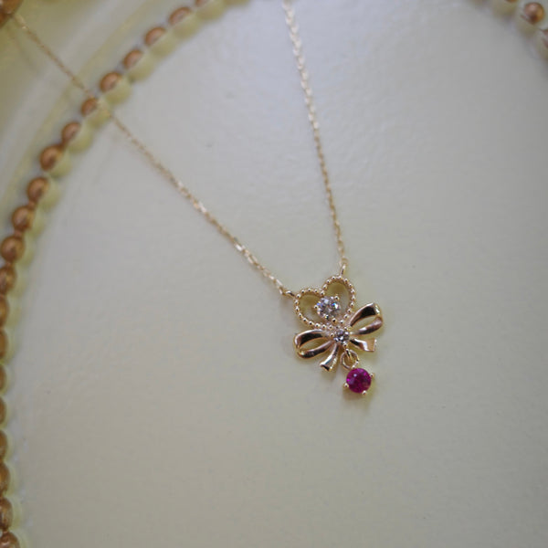 PETITE RIBBON・10K/18K SOLID GOLD RIBBON BIRTHSTONE & DIAMOND NECKLACE