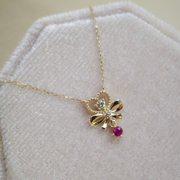 PETITE RIBBON・10K/18K SOLID GOLD RIBBON BIRTHSTONE & DIAMOND NECKLACE
