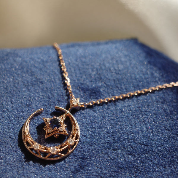 8 MOON MINI・14K/ 18K SOLID GOLD BLUE SAPPHIRE & DIAMOND NECKLACE