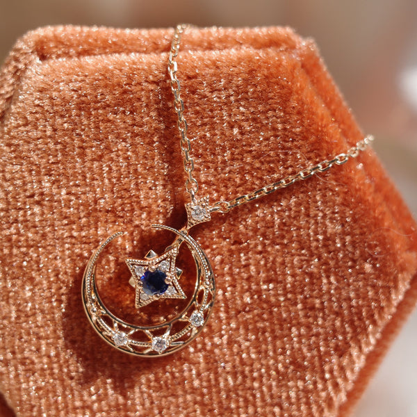 8 MOON MINI・14K/ 18K SOLID GOLD BLUE SAPPHIRE & DIAMOND NECKLACE