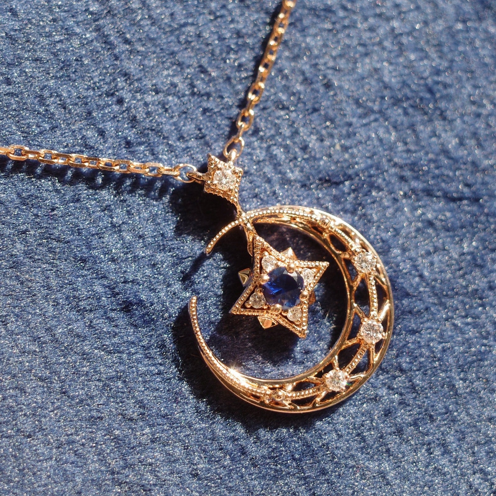 8 MOON MINI・14K/ 18K SOLID GOLD BLUE SAPPHIRE & DIAMOND NECKLACE