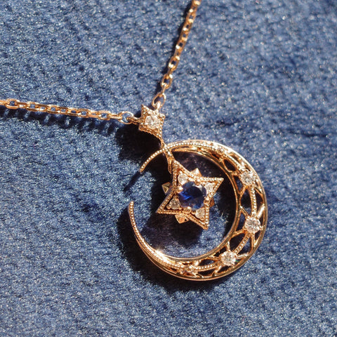 8 MOON MINI・14K/ 18K SOLID GOLD BLUE SAPPHIRE & DIAMOND NECKLACE