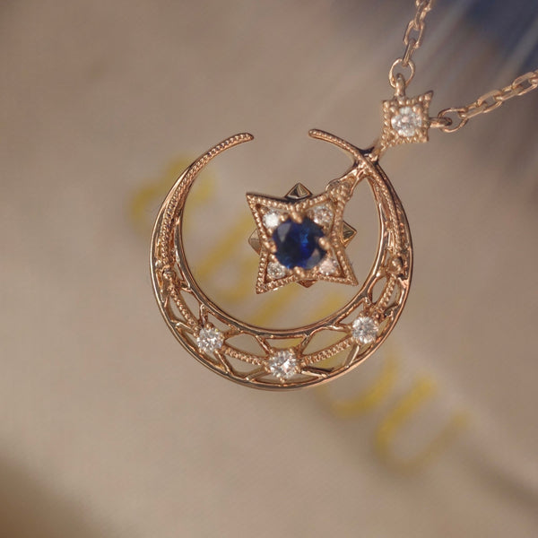 8 MOON MINI・14K/ 18K SOLID GOLD BLUE SAPPHIRE & DIAMOND NECKLACE