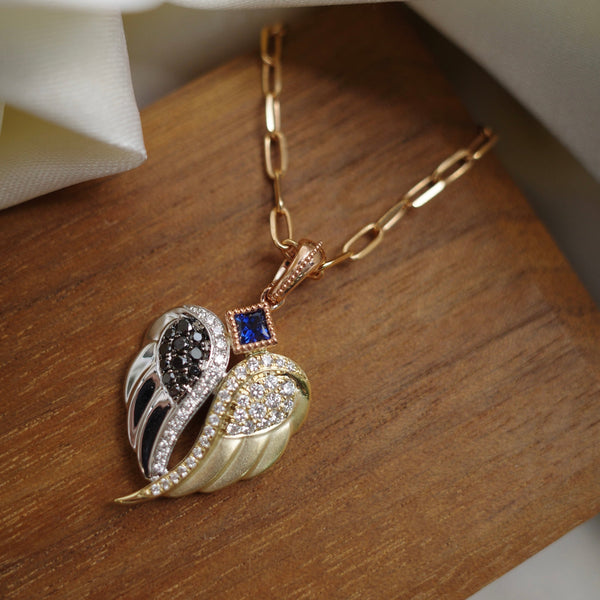 THE PHOENIX・14K ROSE/ CHAMPAGNE/ WHITE GOLD BLACK DIAMOND/ WHITE DIAMOND & SAPPHIRE PENDANT