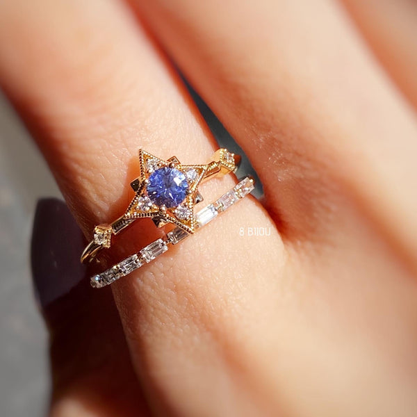 8 STAR・18K SOLID GOLD BLUE SAPPHIRE & DIAMOND RING