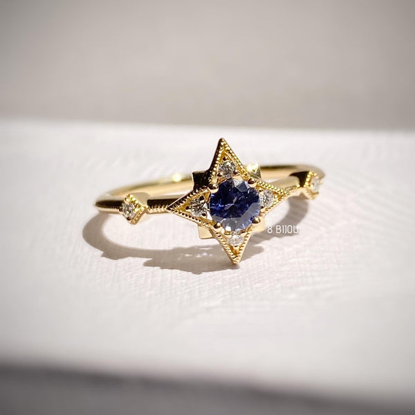 8 STAR・18K SOLID GOLD BLUE SAPPHIRE & DIAMOND RING
